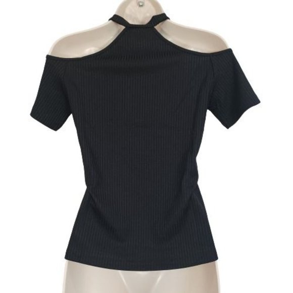 NWT SHEIN Women's Cold Shoulder Rib-knit Top Halter Black Color Size S (4) - Picture 4 of 8